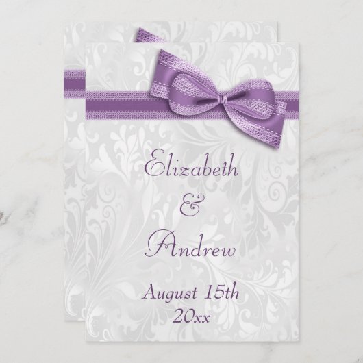 White Damask en Faux Bow Wedding Kaart (Voorkant / Achterkant)