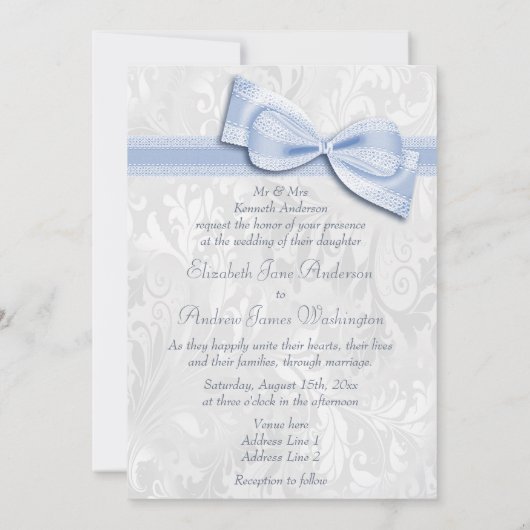 White Damask en Faux Bow Wedding Kaart (Achterkant)