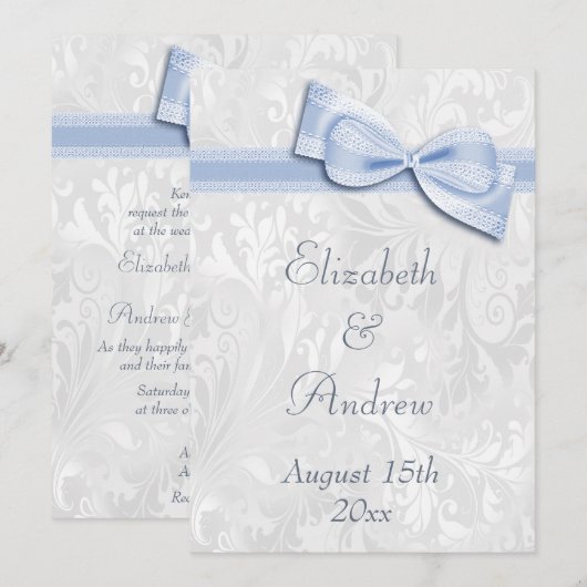 White Damask en Faux Bow Wedding Kaart (Voorkant / Achterkant)