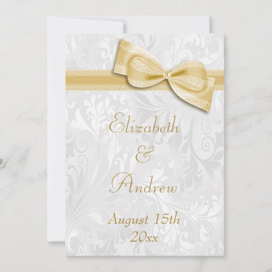White Damask en Faux Bow Wedding Kaart (Voorkant)