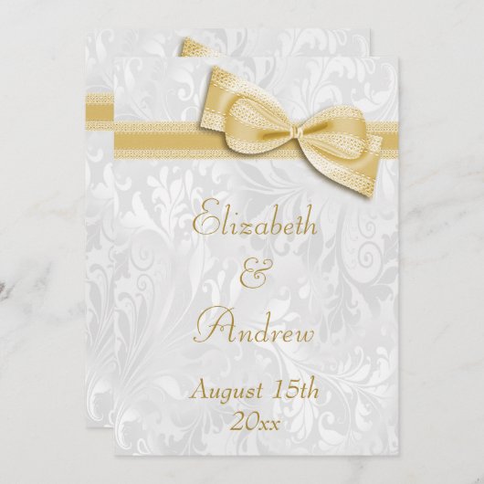 White Damask en Faux Bow Wedding Kaart (Voorkant / Achterkant)