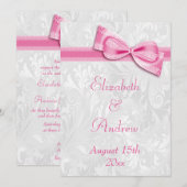 White Damask en Faux Pink Bow Wedding Kaart (Voorkant / Achterkant)