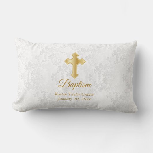 White Damask en Gold Baptisme Kussen (Voorkant)
