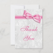 White Damask en Pink Faux Bow Hartelijk dank Bedankkaart (Voorkant)