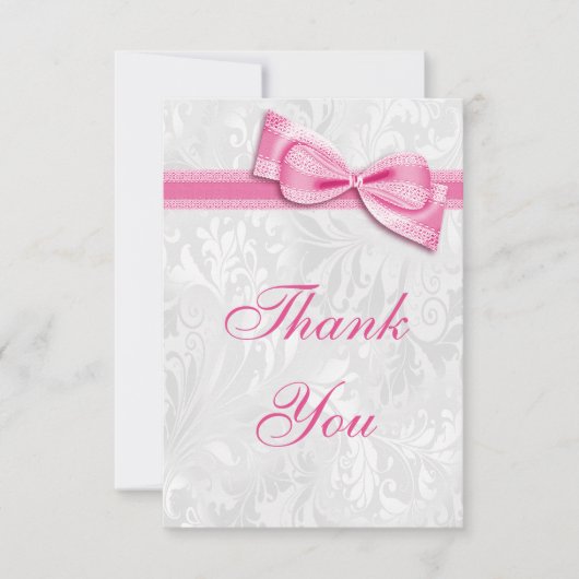 White Damask en Pink Faux Bow Hartelijk dank Bedankkaart (Voorkant)
