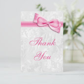 White Damask en Pink Faux Bow Hartelijk dank Bedankkaart (Staand voorkant)