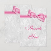 White Damask en Pink Faux Bow Hartelijk dank Bedankkaart (Voorkant / Achterkant)