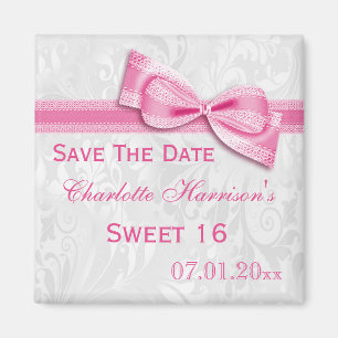 White Damask & Faux Bow Sweet 16 Save the Date Magneet