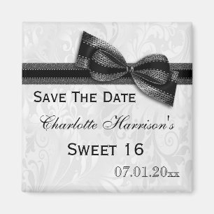 White Damask & Faux Bow Sweet 16 Save the Date Magneet