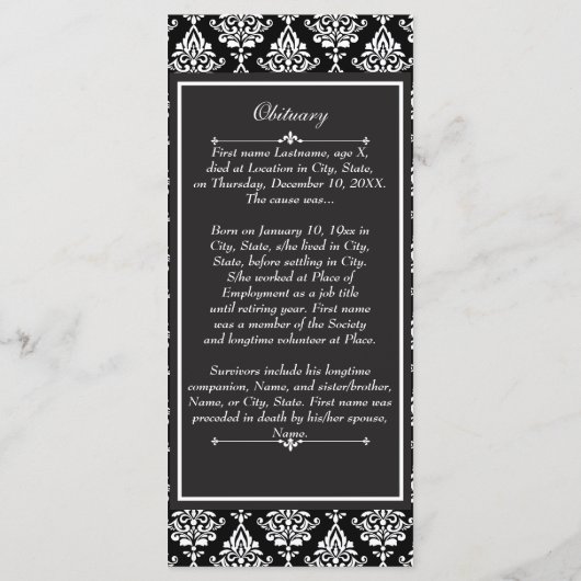 White Damask Funeral Programme/Obituary Programmakaart (Achterkant)