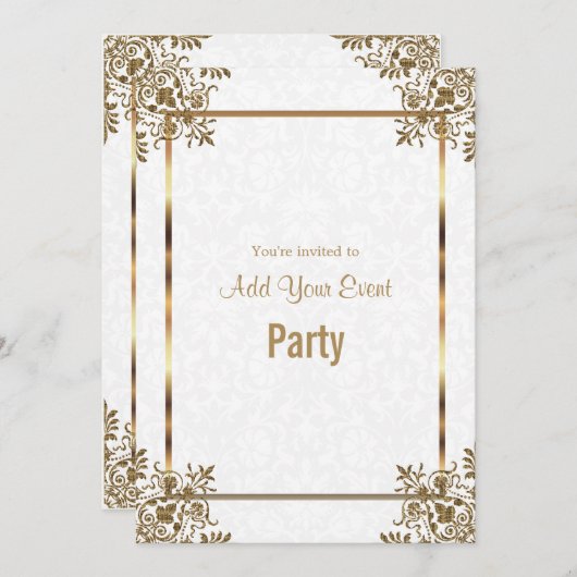 White Damask & Gold All Occasion Party Invitation Kaart (Voorkant / Achterkant)