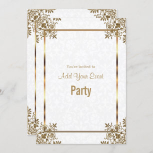 White Damask & Gold All Occasion Party Invitation Kaart
