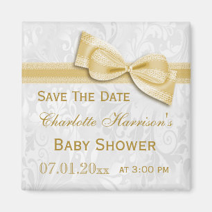 White Damask & Gold Bow Baby shower Save the Date Magneet