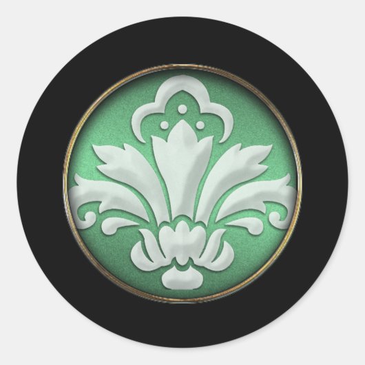 White Damask Green Shimmer Black Border Ronde Sticker (Voorkant)