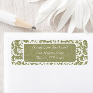 White Damask on Olive Green Return Address Etiket