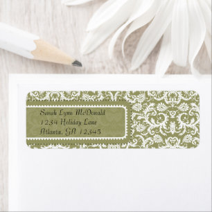 White Damask on Olive Green Return Address Etiket