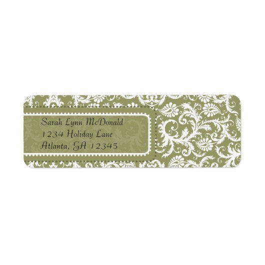 White Damask on Olive Green Return Address Etiket (Voorkant)