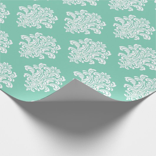 White Damask op Aqua Pattern Cadeaupapier (Hoek)