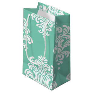 White Damask op Aqua Pattern Klein Cadeauzakje