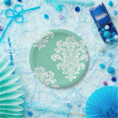 White Damask op Aqua Pattern Papieren Bordje (Feest)