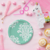 White Damask op Aqua Pattern Papieren Bordje (Feest)