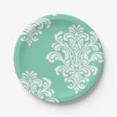 White Damask op Aqua Pattern Papieren Bordje (Voorkant)