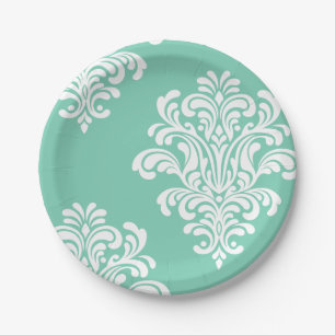 White Damask op Aqua Pattern Papieren Bordje