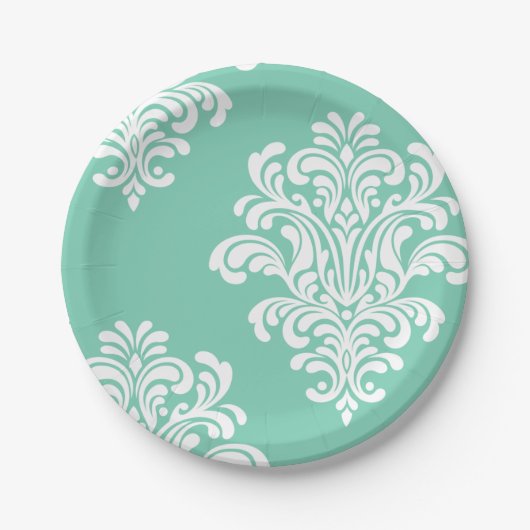 White Damask op Aqua Pattern Papieren Bordje (Voorkant)
