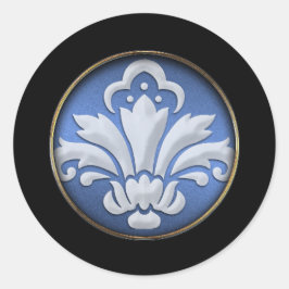 White Damask op Blue Shimmer Black Border Ronde Sticker