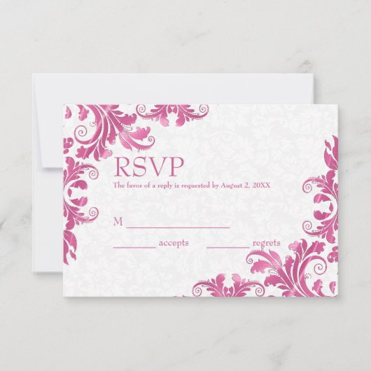 White Damask & Pink Lace RSVP-kaart RSVP Kaartje (Voorkant)