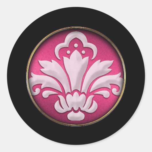 White Damask roze Shimmer Black Border Ronde Sticker (Voorkant)
