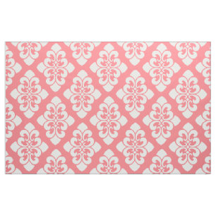 White Damask Scroll op Coral Pink Stof