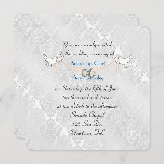 White Damask Shimmer Wedding Kaart (Voorkant / Achterkant)