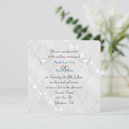 White Damask Shimmer Wedding Kaart (Staand voorkant)