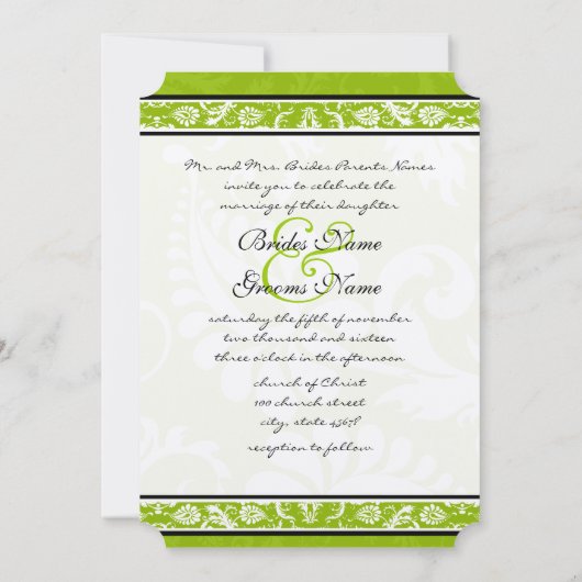 White Damask Swirls Apple Green Wedding Invitation Kaart (Achterkant)