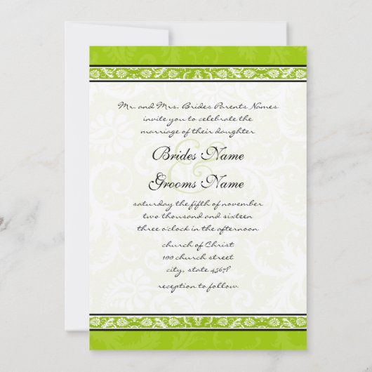 White Damask Swirls Apple Green Wedding Invitation Kaart (Achterkant)