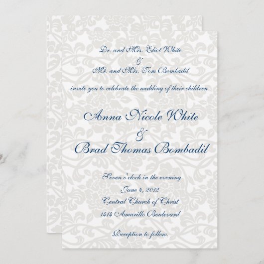 White Damask Wedding Uitnodiging (Voorkant / Achterkant)