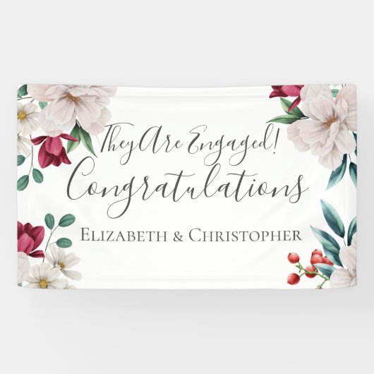 White Dark Pink Red Floral Greenery Verloving Spandoek (Horizontaal)