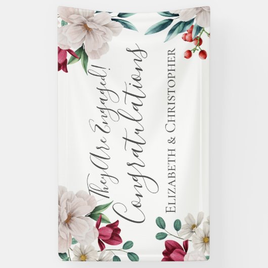 White Dark Pink Red Floral Greenery Verloving Spandoek (Verticaal)