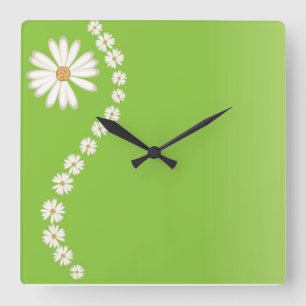White Dasies on Green Wall Clock Vierkante Klok
