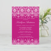 White & Deep Pink Damask Bridal Shower Uitnodiging (Staand voorkant)