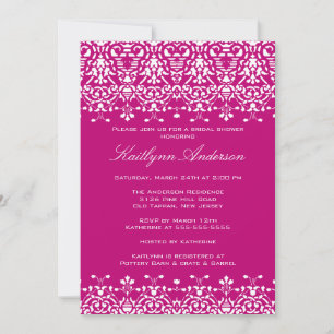 White & Deep Pink Damask Bridal Shower Uitnodiging