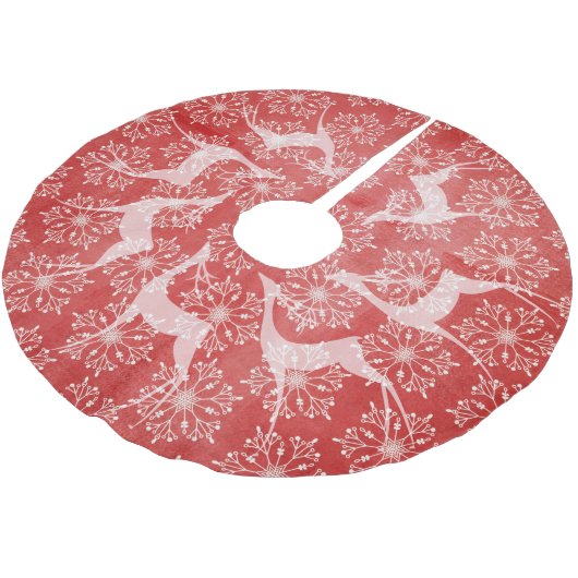 White Deer and Snowflakes Red Holiday Tree Skirt Kerstboom Rok (Gekanteld)