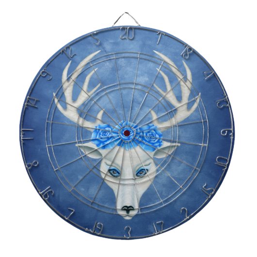 White Deer Antlers Blauwe ogen Roos Misty Blue Dartbord (Voorkant)
