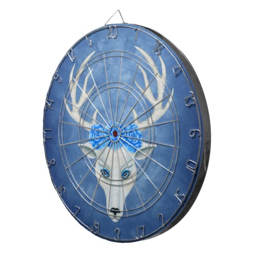 White Deer Antlers Blauwe ogen Roos Misty Blue Dartbord (Voorkant Rechts)
