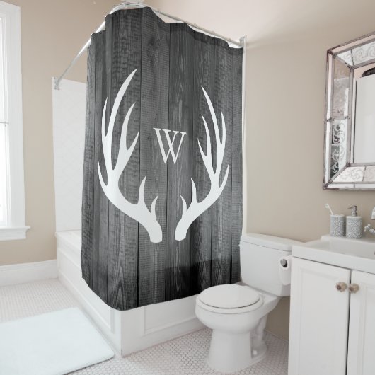 White Deer Antlers Dark Gray Barn Wood Monogram Douchegordijn (In situ)
