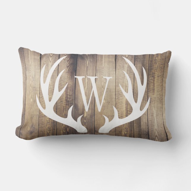 White Deer Antlers Farmhouse Wood Monogram Kussen (Voorkant)