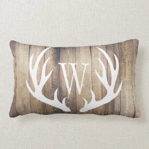 White Deer Antlers Farmhouse Wood Monogram Kussen