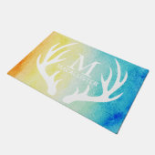 White Deer Antlers Geel & Blauwe Waterverf Aangepa Deurmat (Schuin)