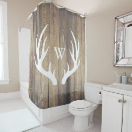 White Deer Antlers Light Barn Wood Monogramed Douchegordijn